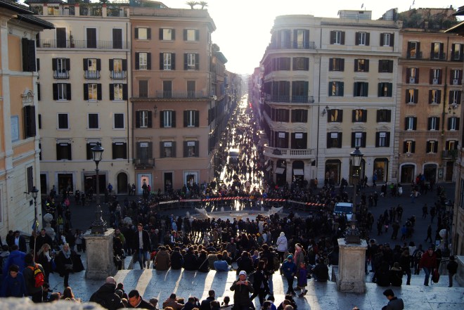 View of Rome from the top of the Spanish steps.