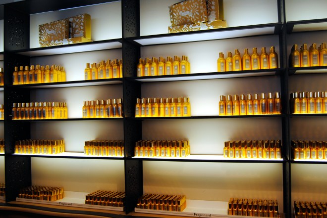 Wall of perfume in the Fragonard store.