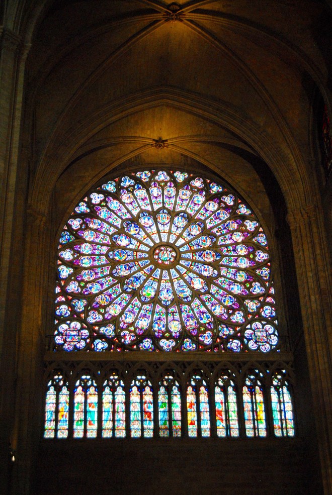 The stained glass window inside of Notre Dame.